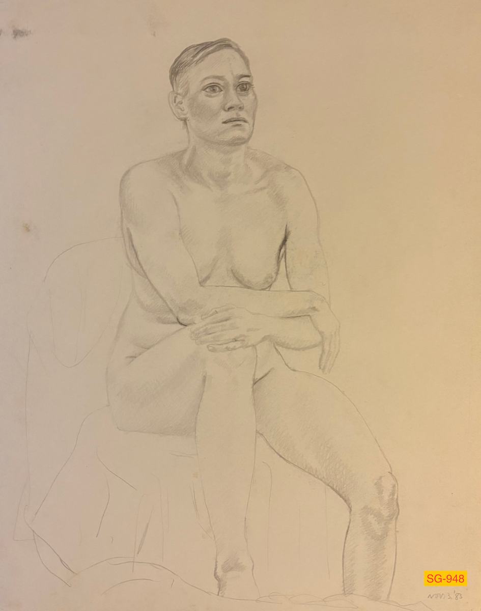 Untitled (Figure drawing of female nude, seated on fabric-covered chair) by Spence Guerin 