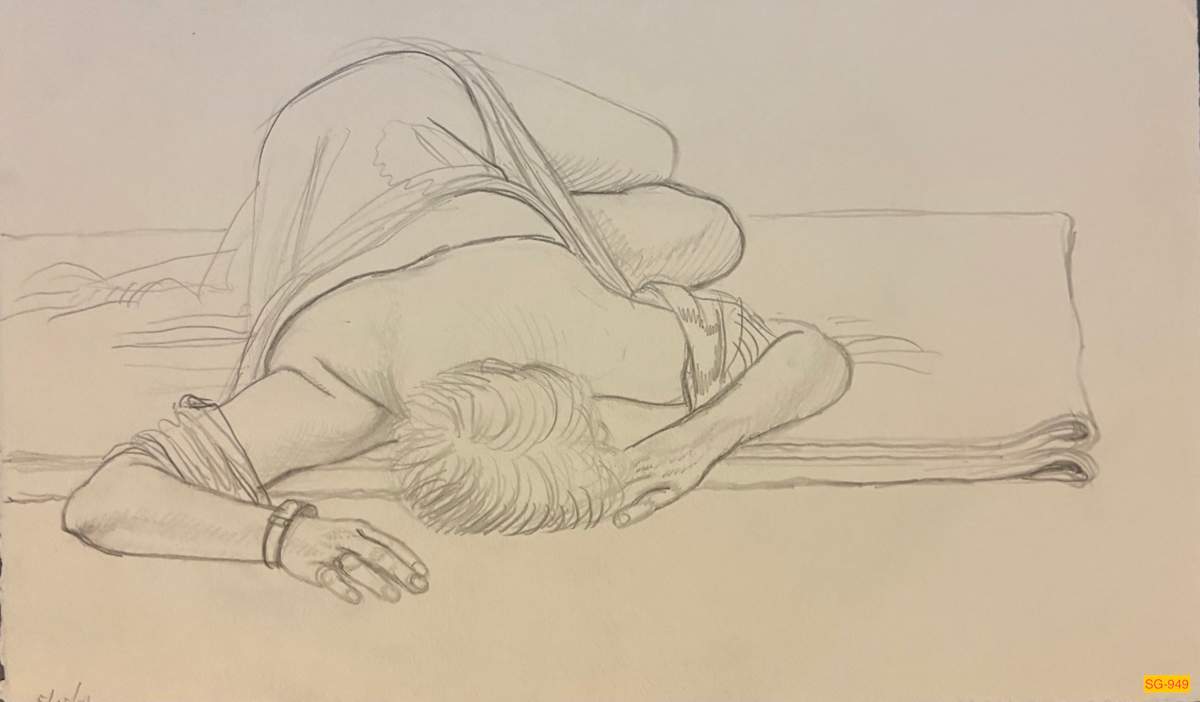 Untitled (Figure drawing, female nude lying on folded blanket on the floor) by Spence Guerin 