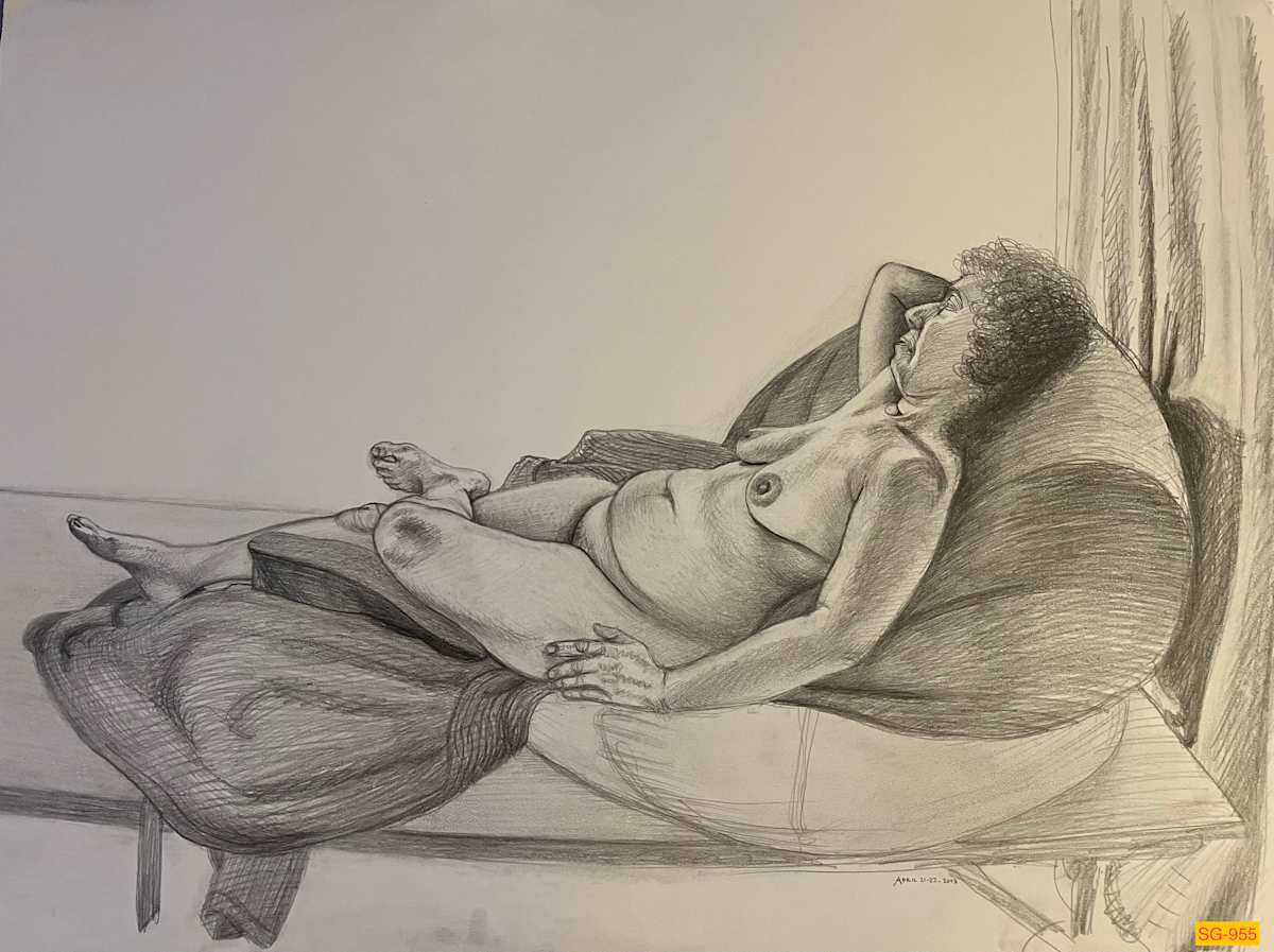 Untitled (female nude, reclining face up on big, thick pillows and cushions) by Spence Guerin 