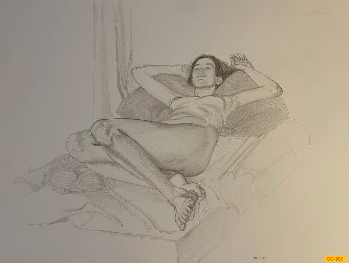Untitled (female nude, lying on her back, big pillow, legs bent) by Spence Guerin 