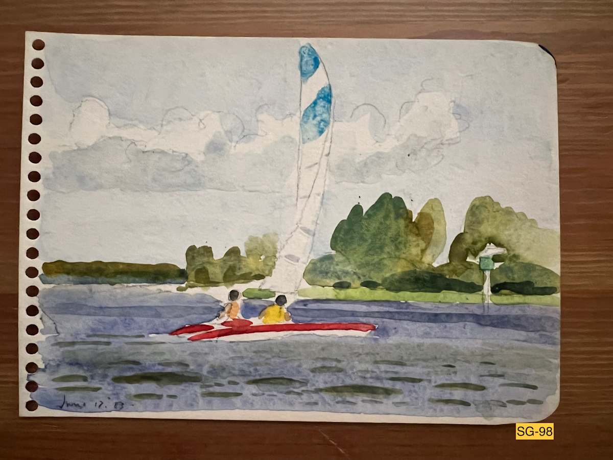 Small Catamaran in a Florida Breeze by Spence Guerin  Image: Two people on a small catamaran in a breeze on the Indian River North at New Smyrna, Florida. One of four small watercolors painted along here in June 1983.
