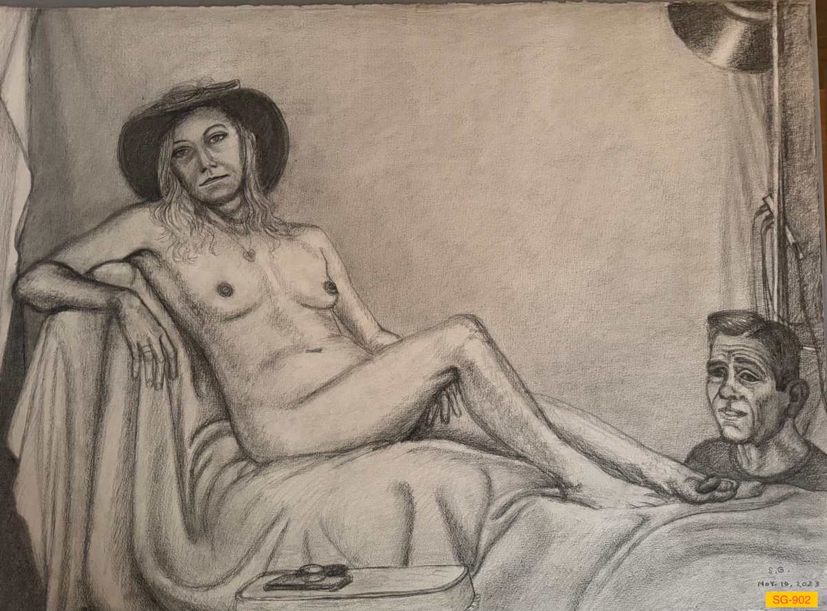 Untitled (Figure Drawing, Nude Female Model Wearing a Sunhat, Seated on Chaise, Right Knee Raised) by Spence Guerin 