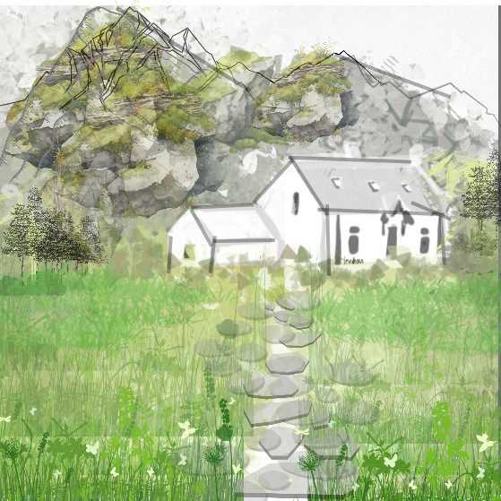 Wee Butt & Ben (Print) by Yvonne Cavens  Image: Experiment with shapes turned out as cottage