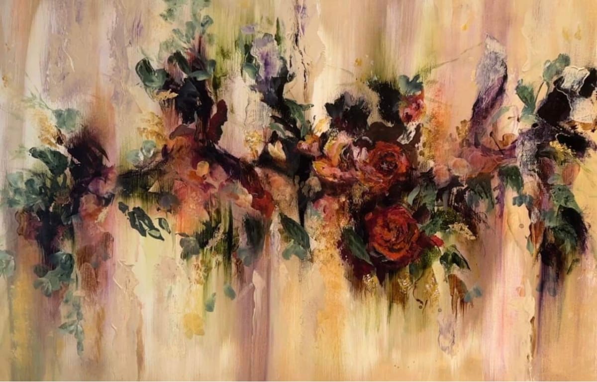 ‘Gilded Blossoms in Chaos’ by Catherine Grace  Image: A vibrant symphony of crimson, dark green in nature, peach, and orange hues, kissed with the elegance of shimmering gold leaf. 
