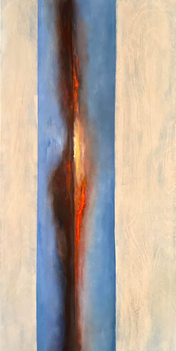 ‘Fire’ by Catherine Grace  Image: Behold ‘Fire,’ a slender slice of sunset captured on cradled wood—a luminous array of fire and gold against a backdrop of tranquil blue. Its vertical stance commands the eye, offering a vibrant focal point in any space, be it a hallway with a view of the water or the heart of a sophisticated living area. This piece embodies radiance and a sleek, yacht-like energy, encapsulating the elegance of an ignited sky at dusk, with a gentleness that beckons the viewer to bask in its luxurious glow. ‘Fire’ marks a contemporary turn in my artistic journey, igniting the spirit with clean lines and a crisp, white-washed frame that complements any decor, encapsulating the essence of fine art for the discerning collector.