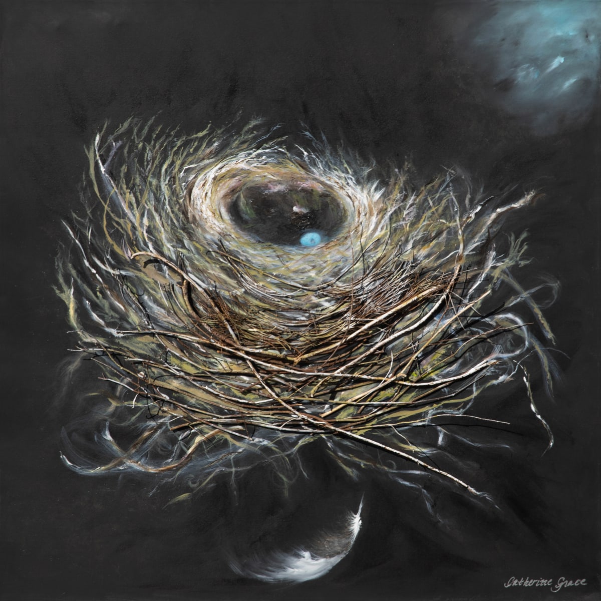 ‘Nest’ by Catherine Grace  Image:  'Nest’🪺 🕊️ - A delicate masterpiece crafted from nature's own twigs and pine needles, with intricately hand-painted strokes in rich acrylic, cradling the promise of new life within its embrace. 🎨 #ArtistryInNature #SymbolsOfLife  #NestArt