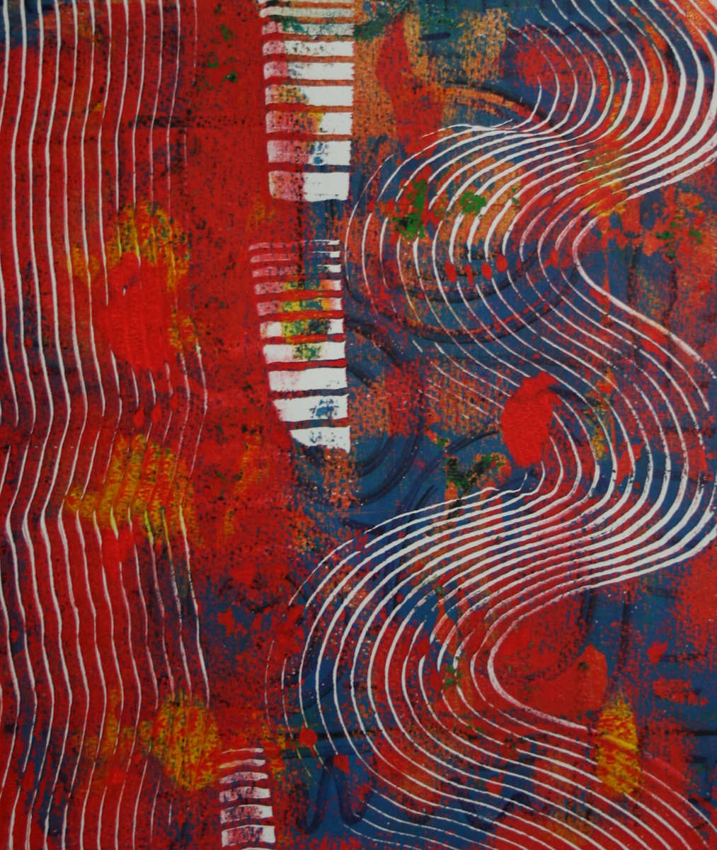 Red Tensions Acrylic Monoprint by Judith Beale 