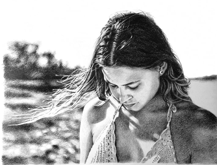 The breeze at dawn has secrets. by Susy Boyer  Image: Graphite pencil on Arches watercolour paper. Drawn from a photograph of my beautiful daughter-in-law Danielle Egbars. Photographed by my son Ash Rigby.