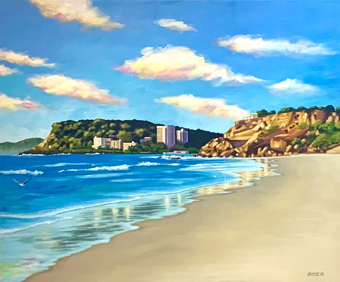 Miami Morning by Susy Boyer  Image: Commissioned painting for a friend's beachside family home at Miami Gold Coast Qld. View of their favourite beach looking towards the iconic Miami and Burleigh headlands.