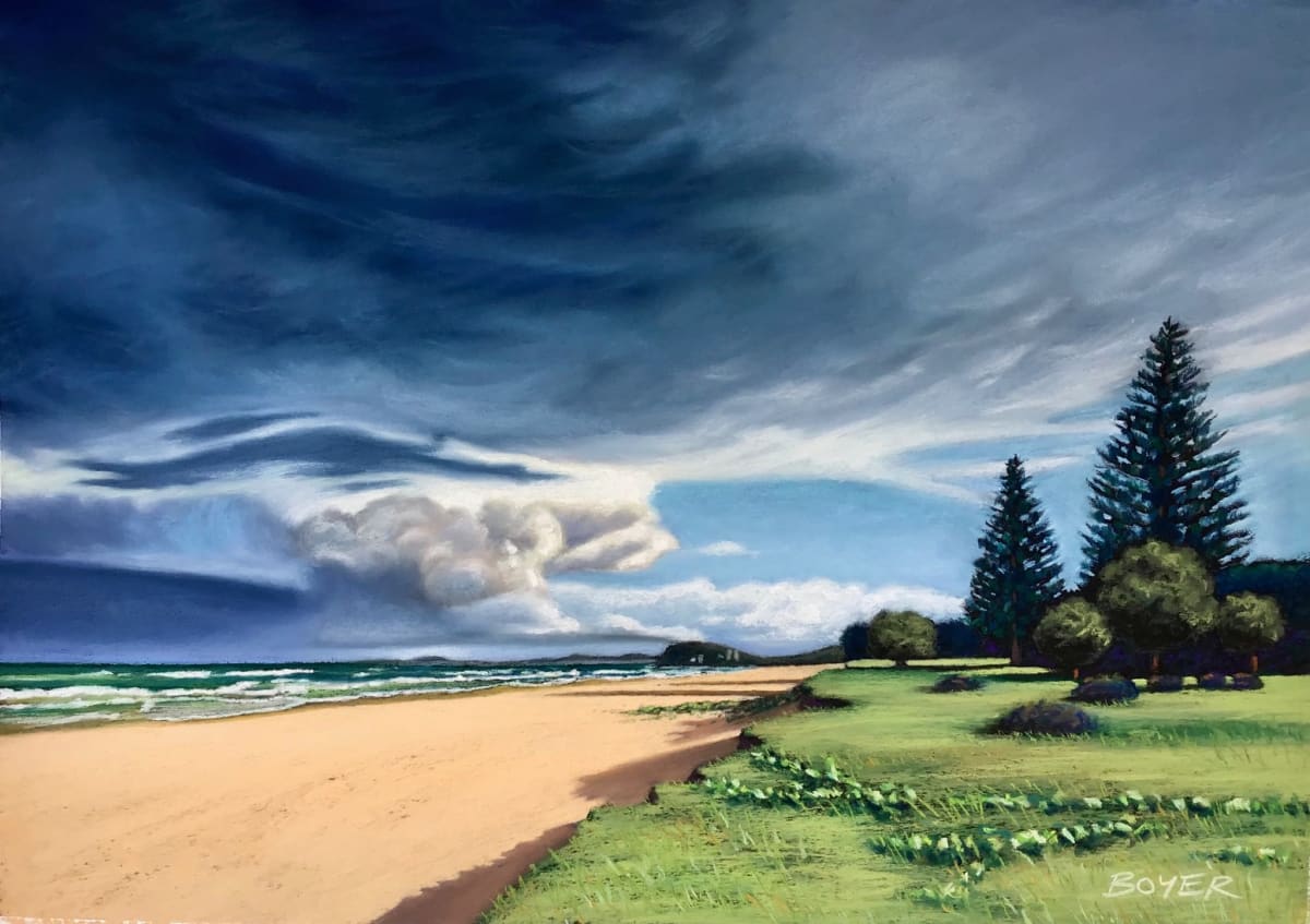 Mermaid Storm by Susy Boyer  Image: Summer storm clouds brewing over Mermaid Beach.  
Alerted by a sudden change in light on a humid Gold Coast afternoon, I raced down onto the beach with my camera to capture this dramatic scene. Massive clouds, eerie light and deep shadows... electricity in the air, and an excitement for what was to come. The awesome power of nature!