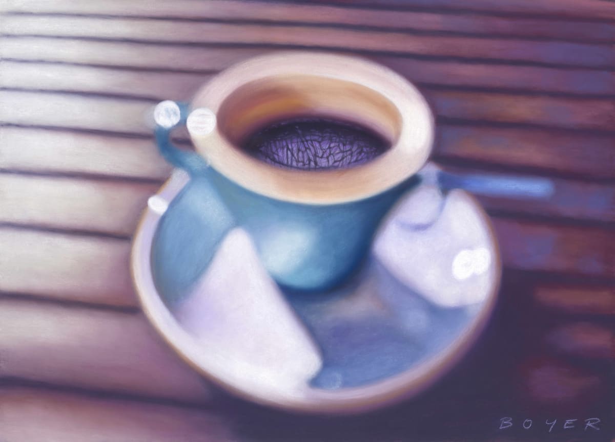 Morning Brew by Susy Boyer  Image: One Sydney morning, photographer James Adams was intrigued by the reflections and shadows of his morning coffee. I, in turn was captivated by his soft-focus photograph of it, and asked if I could have a go at painting it. This pastel artwork is the rich and fuzzy result. I get much pleasure from gazing at this piece...the blurry highlights and strong purple shadows are like candy for my eyes.