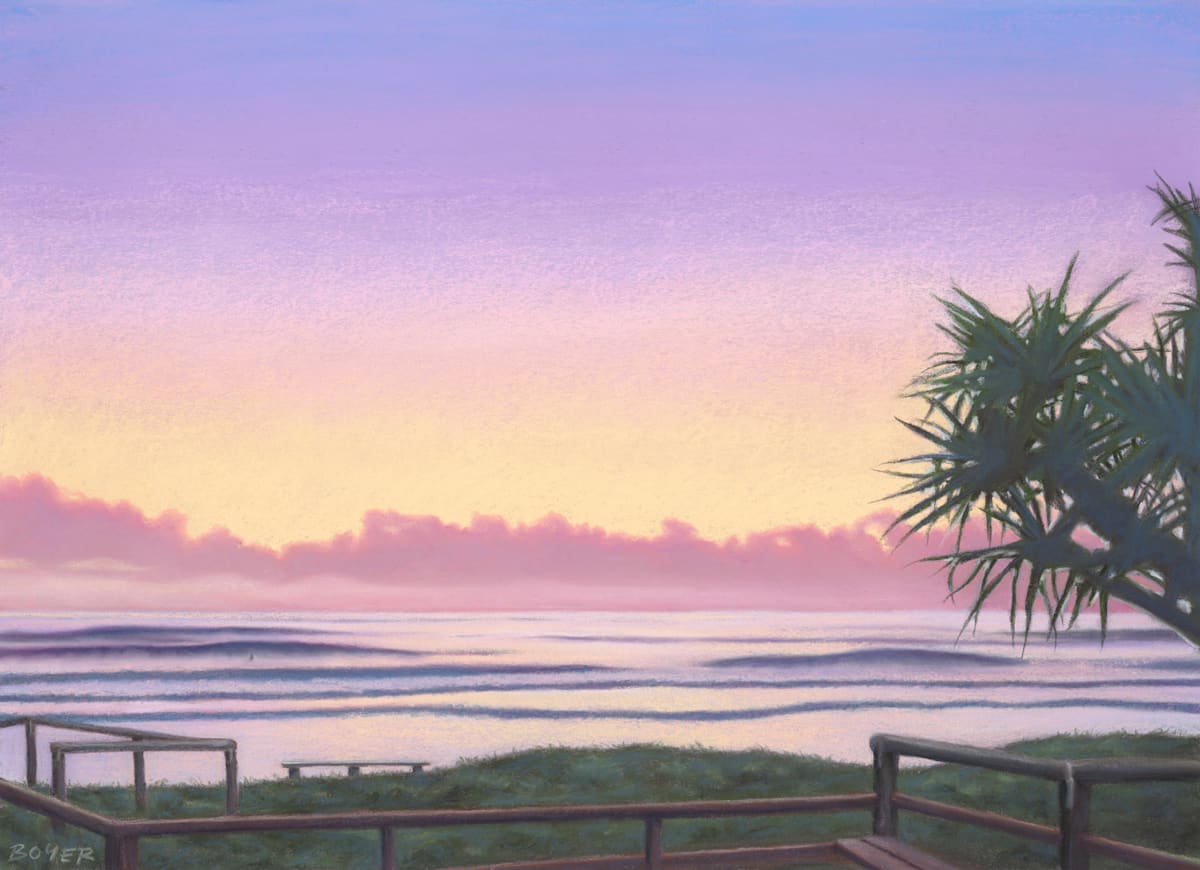Mermaid Dawn by Susy Boyer  Image: I was inspired to paint this stunning purple sunrise, from a photograph taken by my friend and neighbour Sarah.  For a time we lived on the same street in Mermaid Beach on the Gold Coast, Australia. It's rare for me to use photo reference that isn't my own, but this image captivated me, and reminded me of good times sitting on that beach bench with friends.