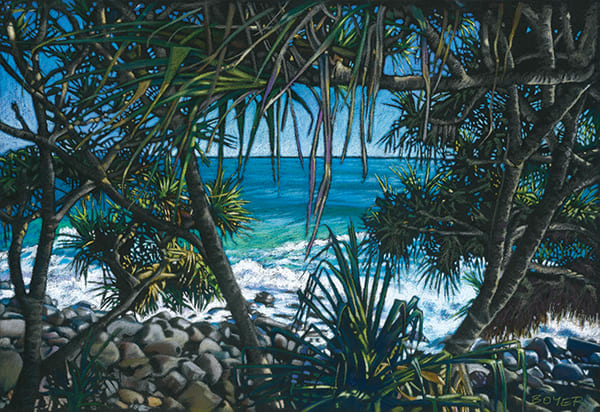 Pandanus Mayhem by Susy Boyer  Image: I photographed this view while on the Burleigh Heads National Park ocean walk. 
I have a long history with this beautiful trail around the iconic headland. I've run up and over it hundreds of times, starting at the age of 15 while on a school athletics camp. The trails wind through dense bush, shaded by huge gum trees and tangled pandanus. So my favourite part of running through there is the glorious glimpses of stunning blue ocean that pop up just as your muscles are tiring. It never fails to spur me onwards!