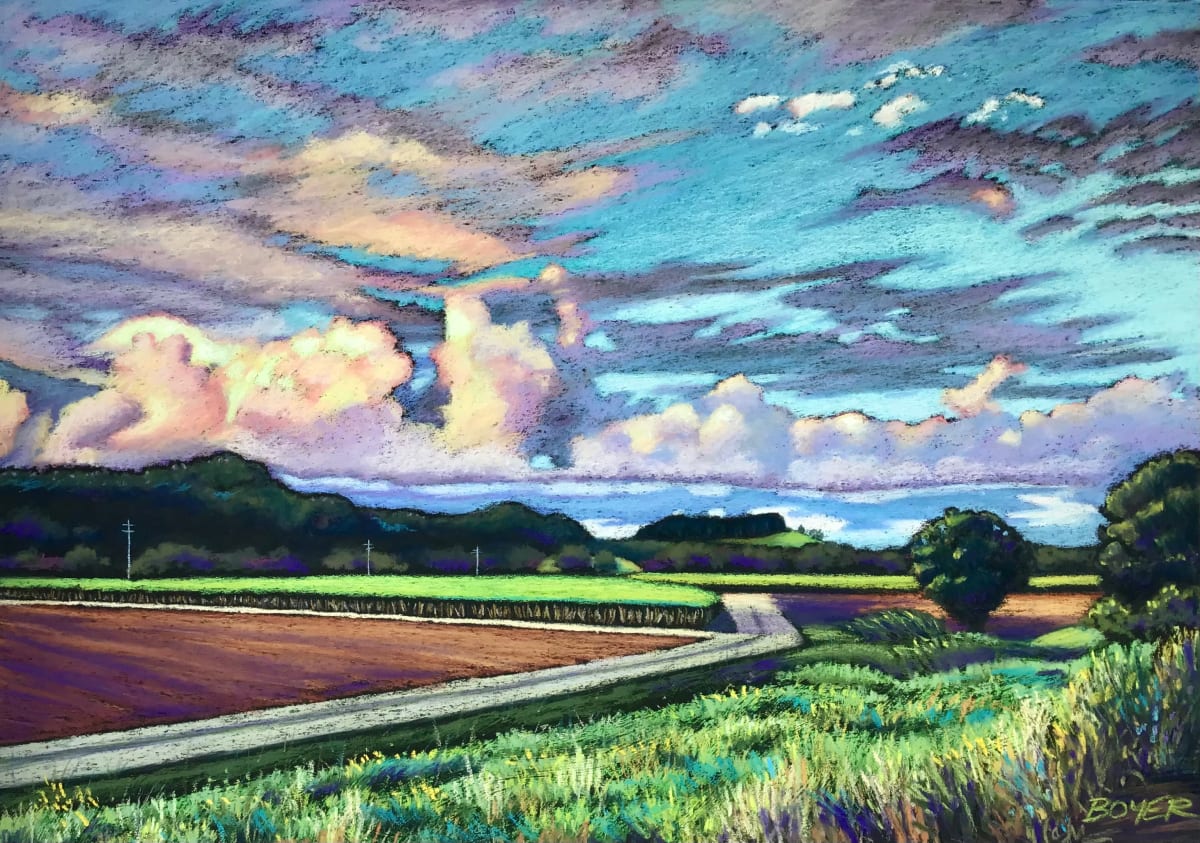 Sunset clouds over Mooball by Susy Boyer  Image: I spotted these gorgeous cloud pillows in the sky while driving through the beautiful Tweed Valley. I stopped a few times to photograph them, and was inspired to begin a smaller study of this Mooball canefields scene. This bigger and more colourful piece flowed on from that. 