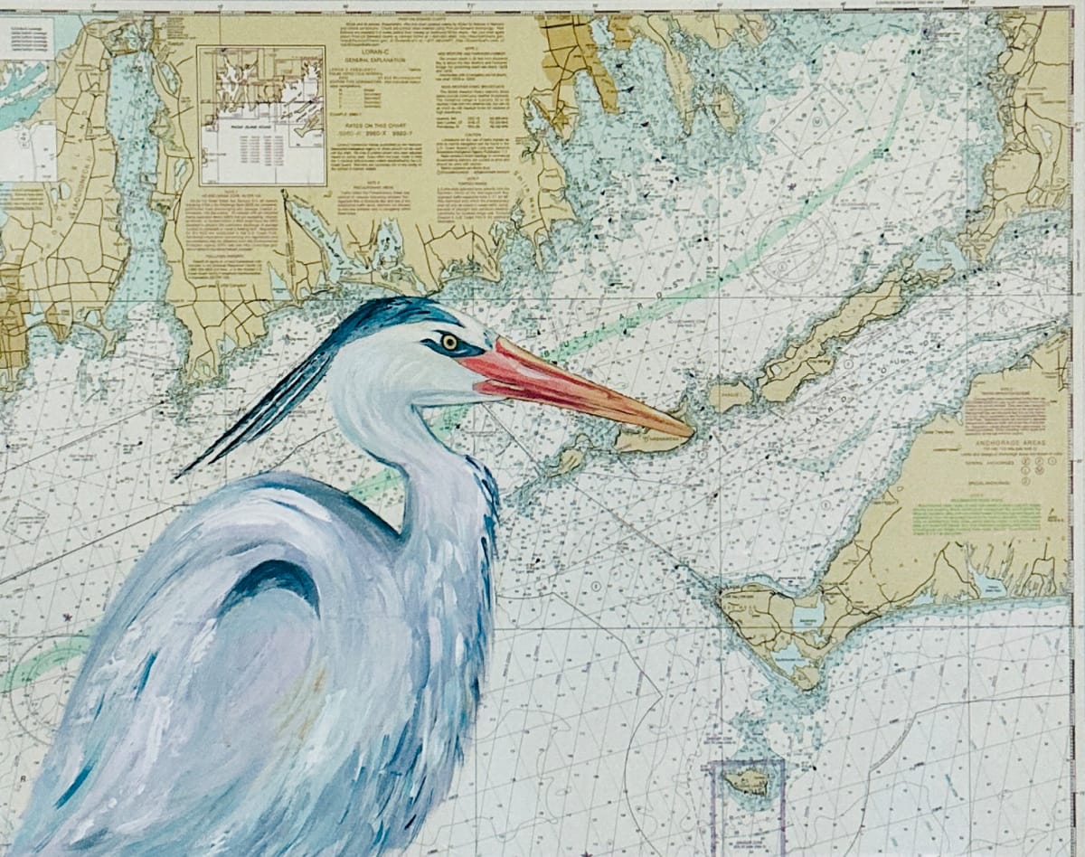 Gosnold by Kim Salesses  Image: Great Blue Heron painted on collaged chart of Buzzards Bay, Massachusetts. Bartholomew Gosnold discovered the Elizabeth Islands in 1602 on his way to Virginia. The painting was commissioned by a family that lives along the New England coast!
