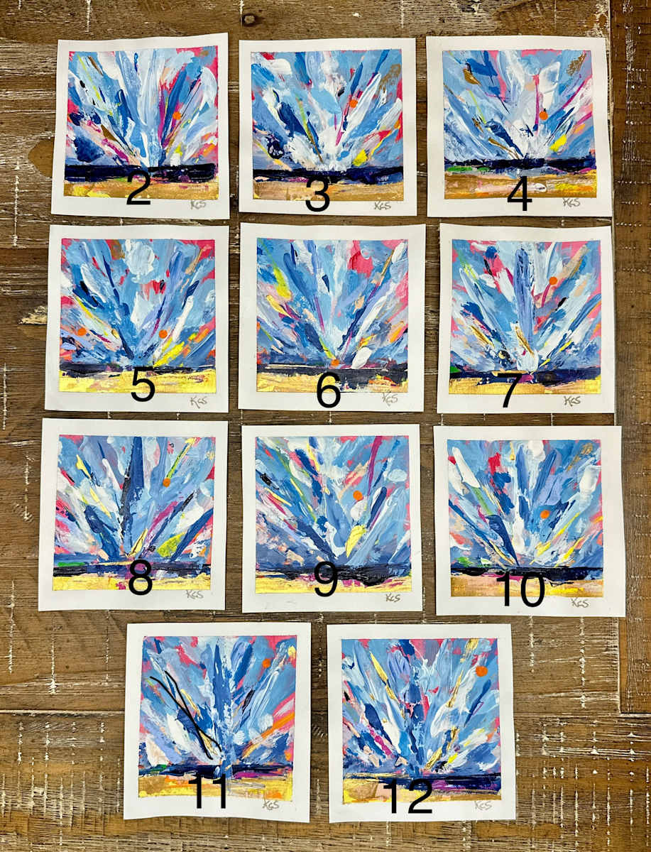"All the Glory" series by Kim Salesses  Image: Original acrylic paintings on paper rejoicing in the beauty of our natural environment! Approximately 5" x 5" each.
