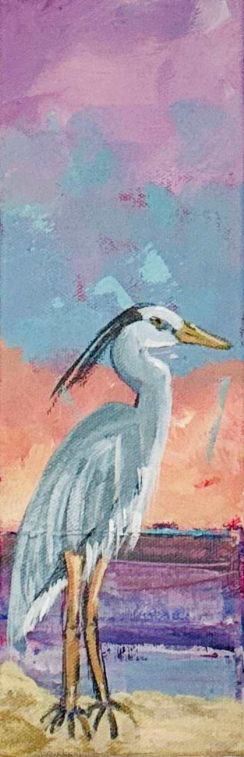 Pastel Princess by Kim Salesses  Image: Acrylic painting of a local heron enjoying the calm pastel day!