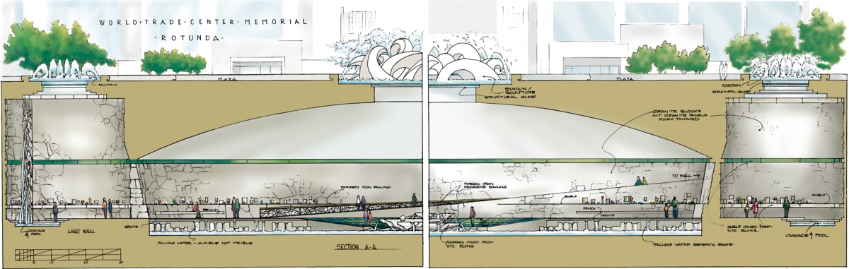 Proposal: World Trade Center Memorial Design by Kent Mikalsen  Image: Section Drawing of the Rotunda and Light Wells