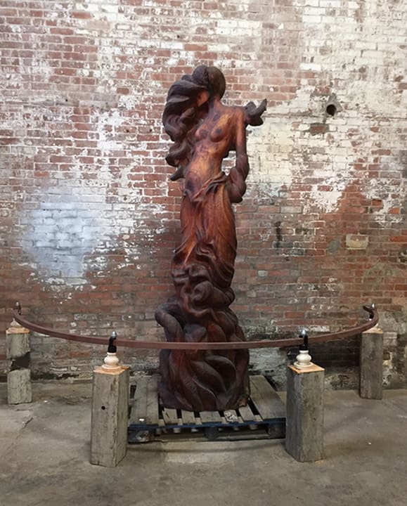 "Untitled Goddess" by Kent Mikalsen  Image: "Untitled Goddess", White Pine, 40 X 114 X 30', 1997-2021, Work in Progress.