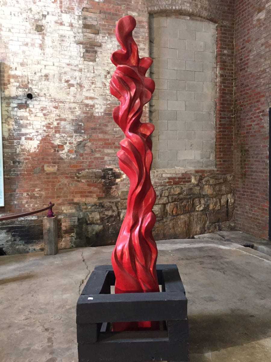 "Untitled" (Red) by Kent Mikalsen  Image: The form is derived from sketches while in the company of rivers and waterfalls. Carved and painted old growth pine.