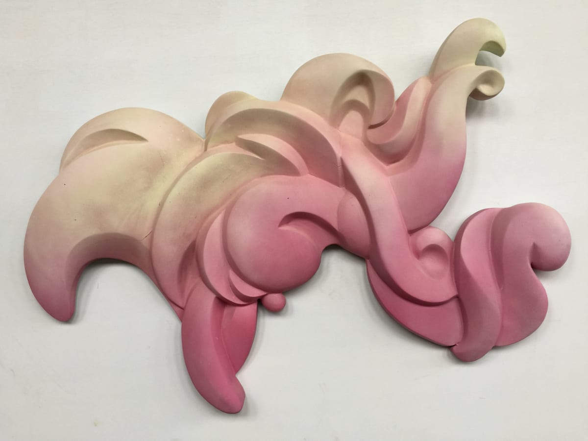 “River Series 05”, (Pink and Pale Yellow) by Kent Mikalsen  Image: The River Series of relief sculptures are derived from the form of water as it flows over the irregular shape of river and stream beds.