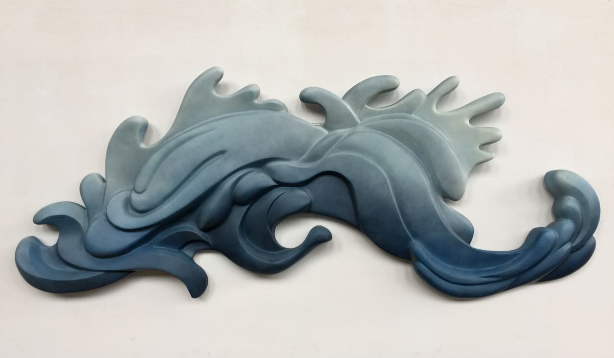 “River Series 06”, (Blue, Dk Blue and White) by Kent Mikalsen  Image: The River Series of relief sculptures are derived from the form of water as it flows over the irregular shape of river and stream beds.