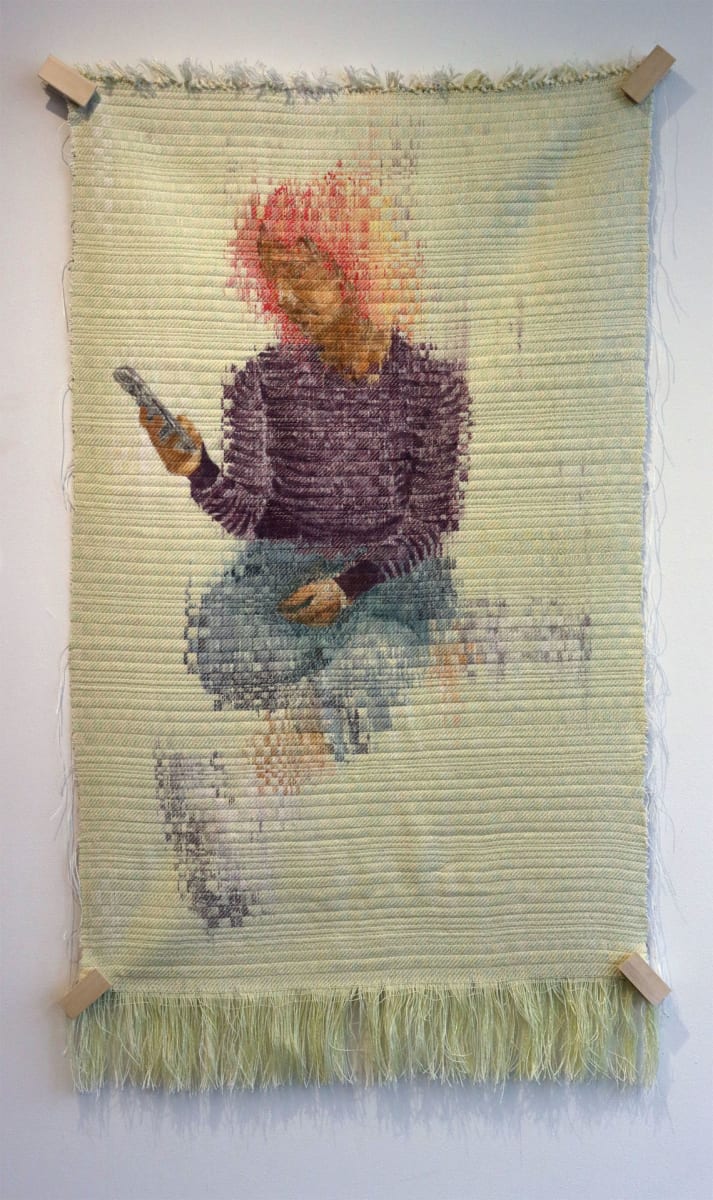 Mirror Mirror Sitting by Melissa English Campbell  Image: Mirror Mirror Sitting, 2022. 36” x 48”. Linen warp and weft. Warp painted with watercolor, and fabric dye.  Double weave, using an AVL loom
