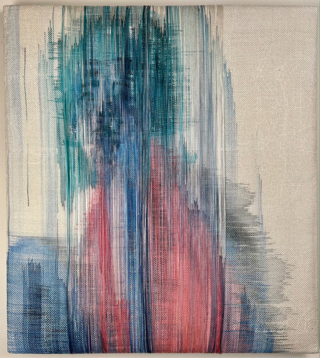 Shield by Melissa English Campbell  Image: Warp and weft painted double weaving of one solid layer and one layer of long floats. Portrait of young woman looking back over her shoulder.  Her face is blurred, doubled, her features distorted by the movement of the colors on the yarns.