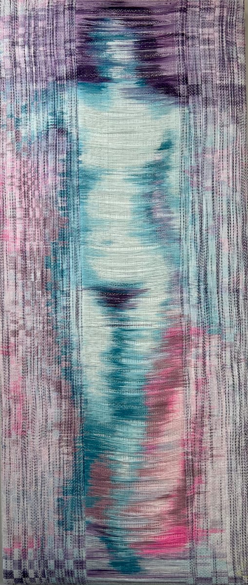 Her Loss by Melissa English Campbell  Image: Her loss, 2023. 18 ½” x 43”. Tencel and Cotton yarns. Warp and weft hand painted. Double weave woven on a Macomber floor loom.

