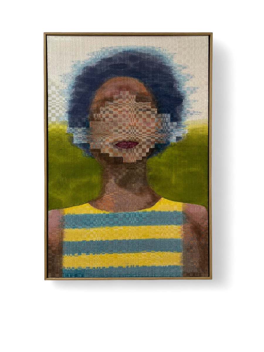Dawn Reborn a Thousand Times by Melissa English Campbell  Image: Abstracted portrait of a woman.  Her hair and facial features are dissolving into geometric pattern.