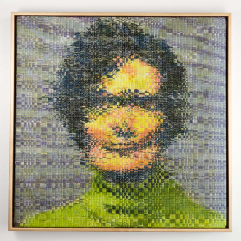 Susan by Melissa English Campbell  Image: Susan, 2020. 21” x 21”. Cotton warp and weft. Warp painted with watercolor, and fabric dye. Double weave woven on a Harris table loom.
