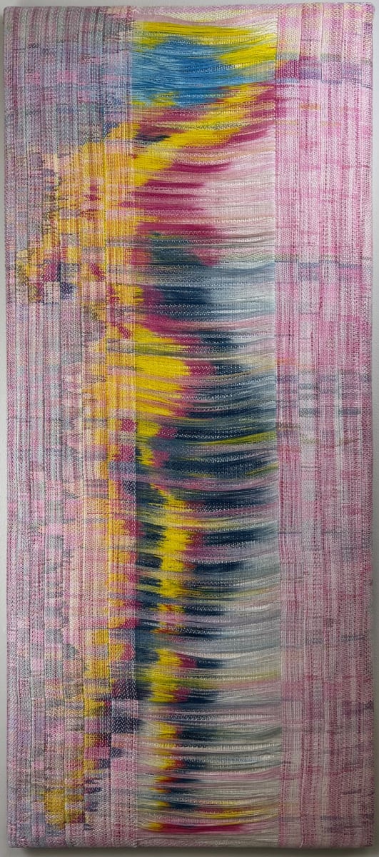 She's Late by Melissa English Campbell  Image: Warp and weft hand painted tencel and cotton yarns. . Woven on a Macomber floor loom.
