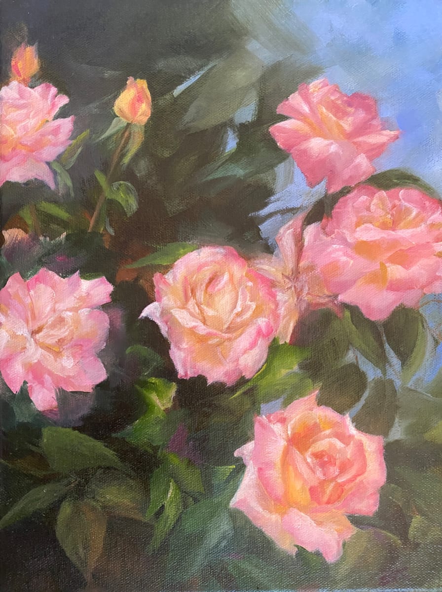Rose Study II by Valeria Carballo  Image: These pink and yellow roses are a  tribute to the beauty and power of nature. The roses, painted in shades of pink and fuchsia, explode with vibrant colour that captures the eye and the heart.  