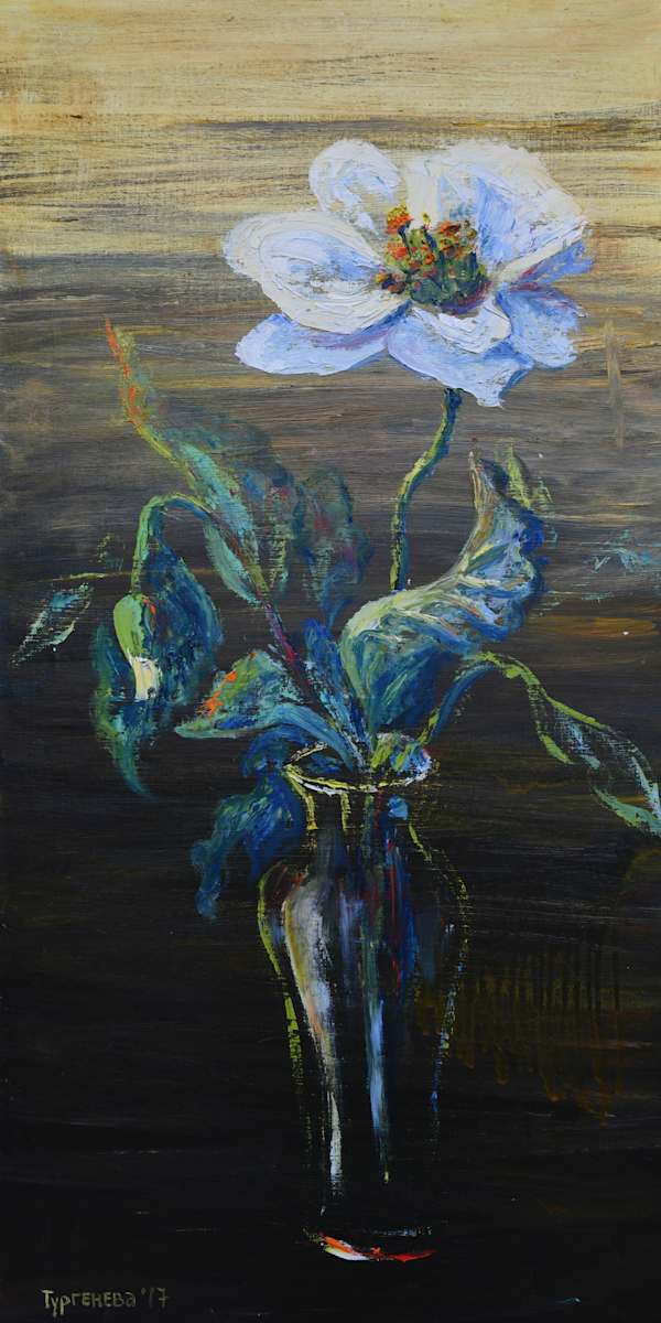 white poppy by Elena Turgeneva  Image: This artwork is ideal for adding an elegant and contemplative ambiance to living rooms, studies, or bedrooms. Its tranquil yet expressive tones make it a versatile piece that complements both modern and traditional interiors.