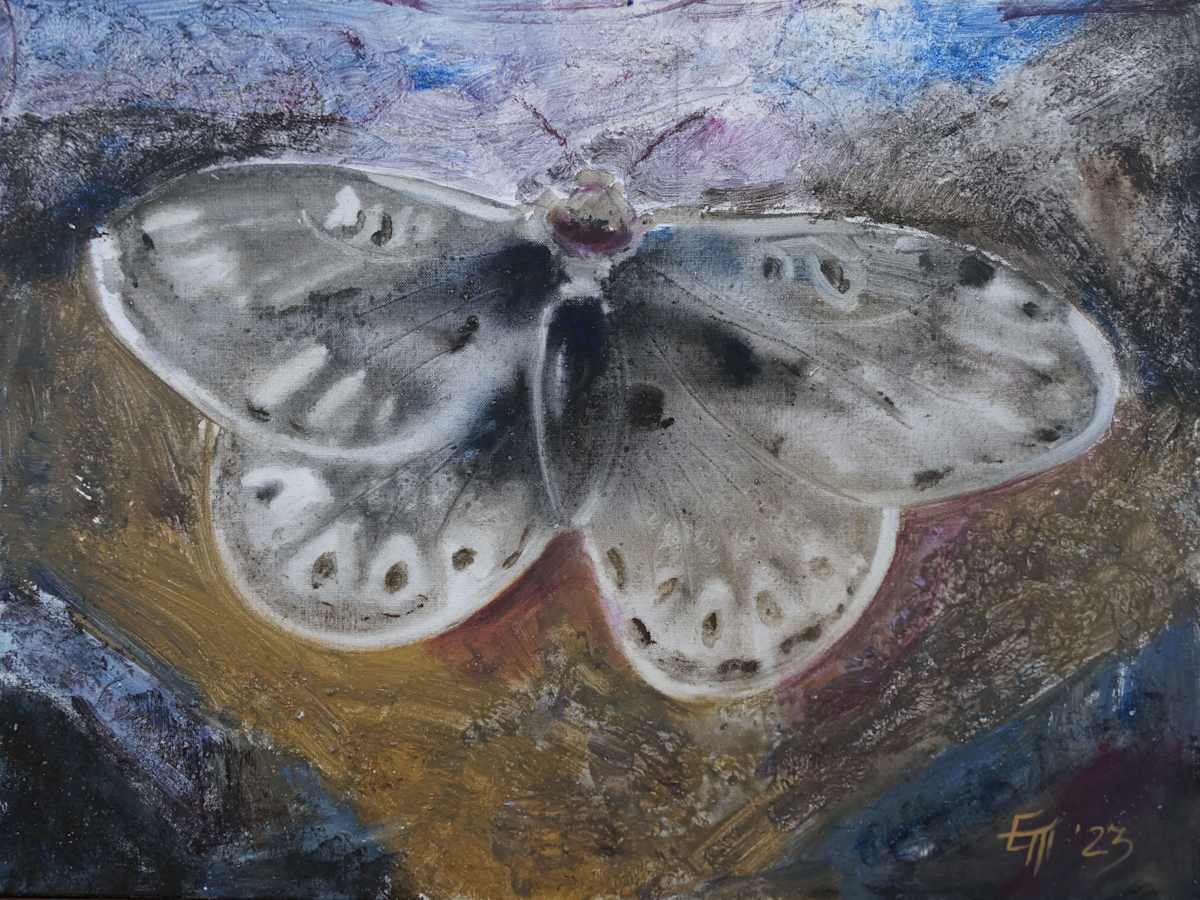 Etherial Flight by Elena Turgeneva  Image: Colorful Abstract Moth Painting with Textured Background