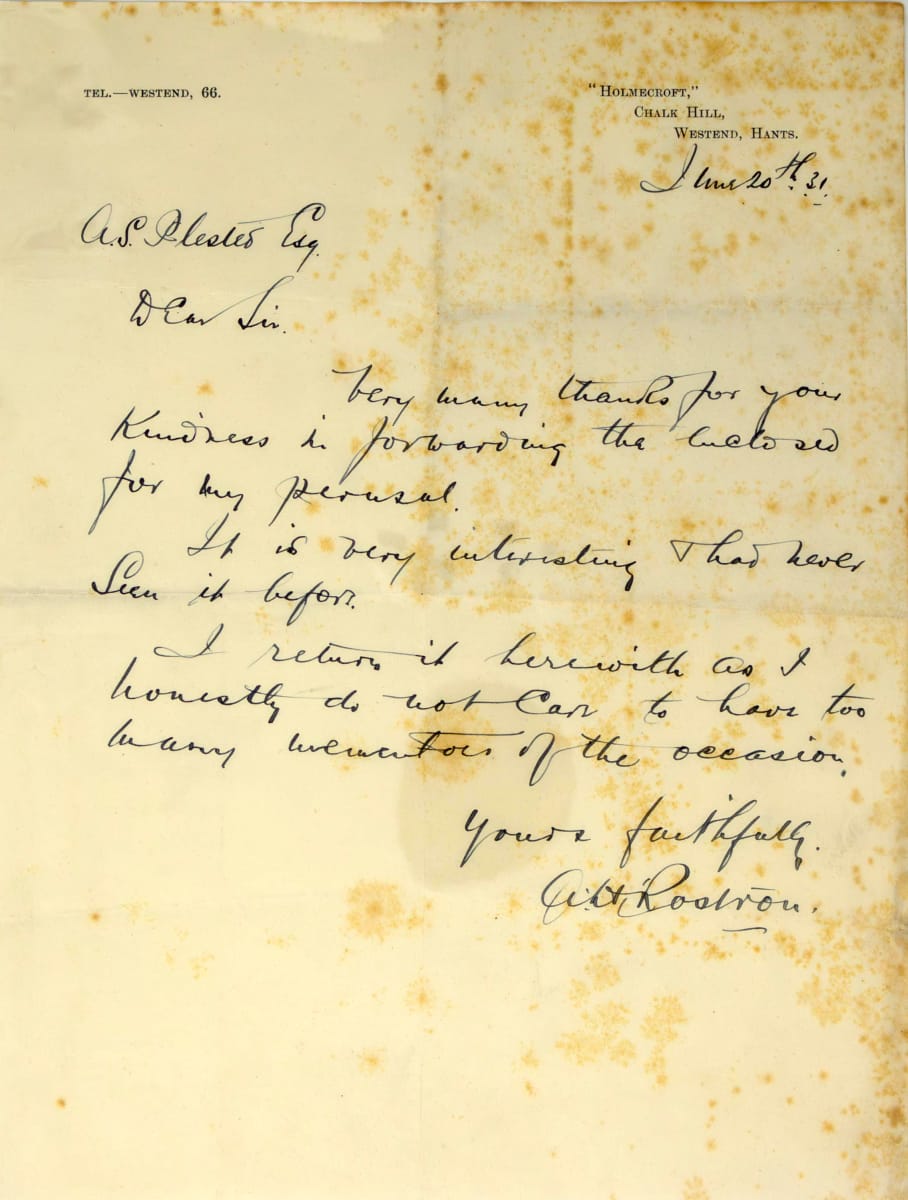 Captain Arthur Rostron Letter 