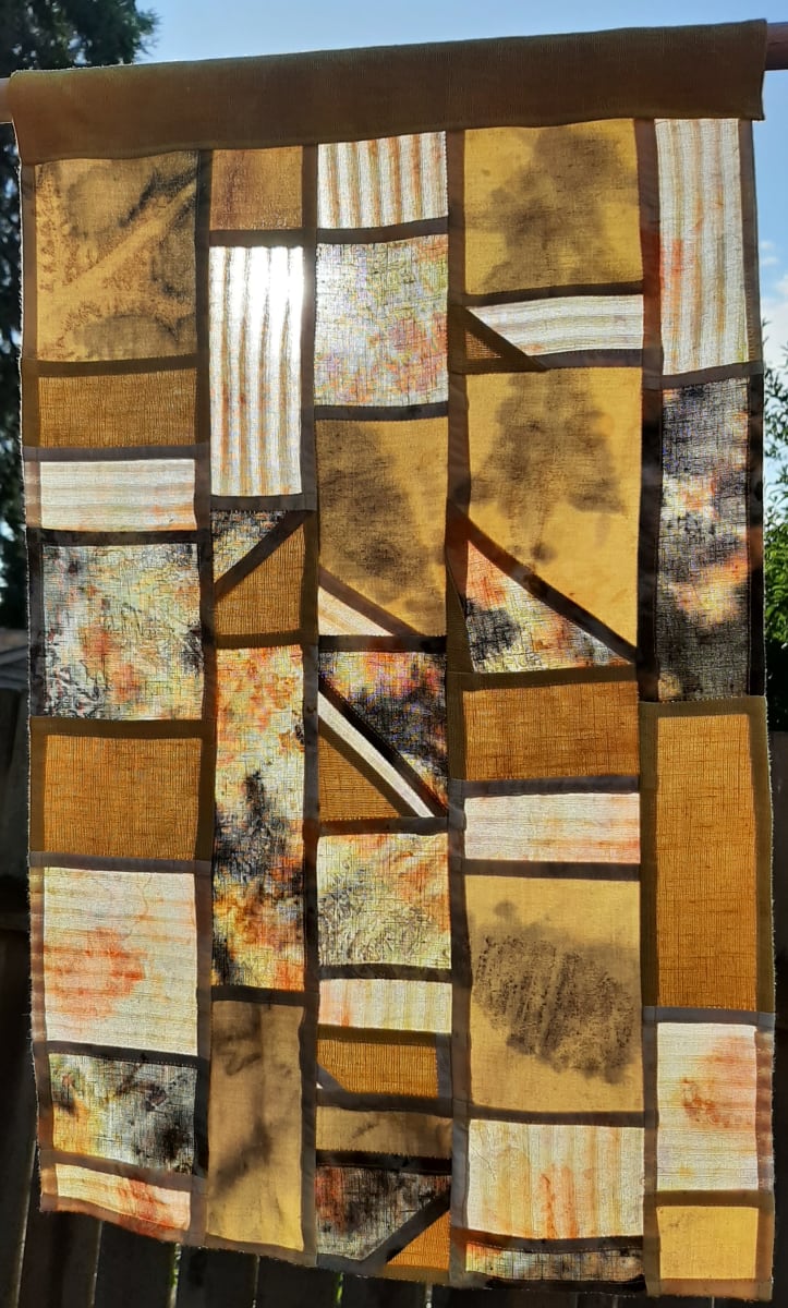 Cosmos Bojagi Inspired Hanging by Paige St-Pierre  Image: Naturally dyed & eco printed bojagi curtain