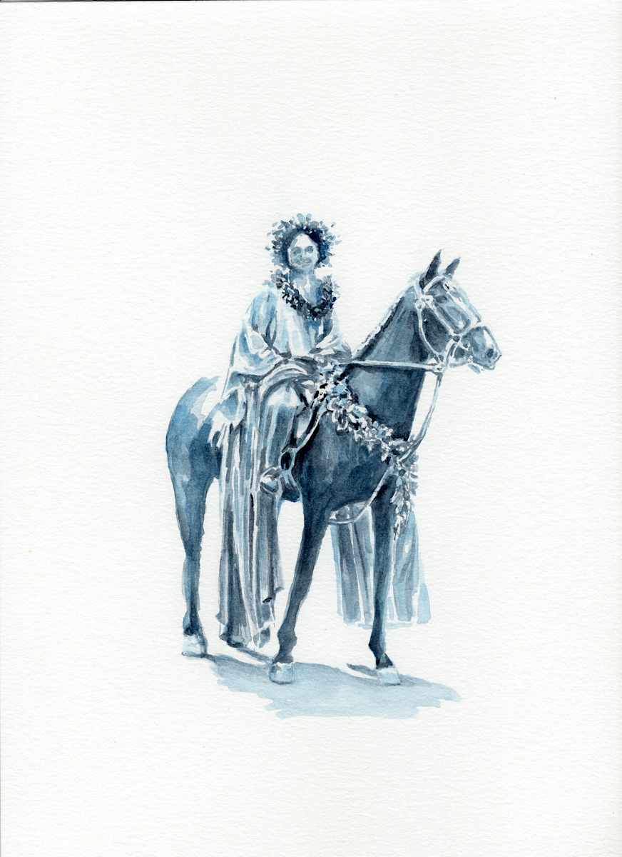 Lahaina by Sara Nygard Haetonen  Image: Painting based on a historical photo of a Pa'u rider, Hawaii.