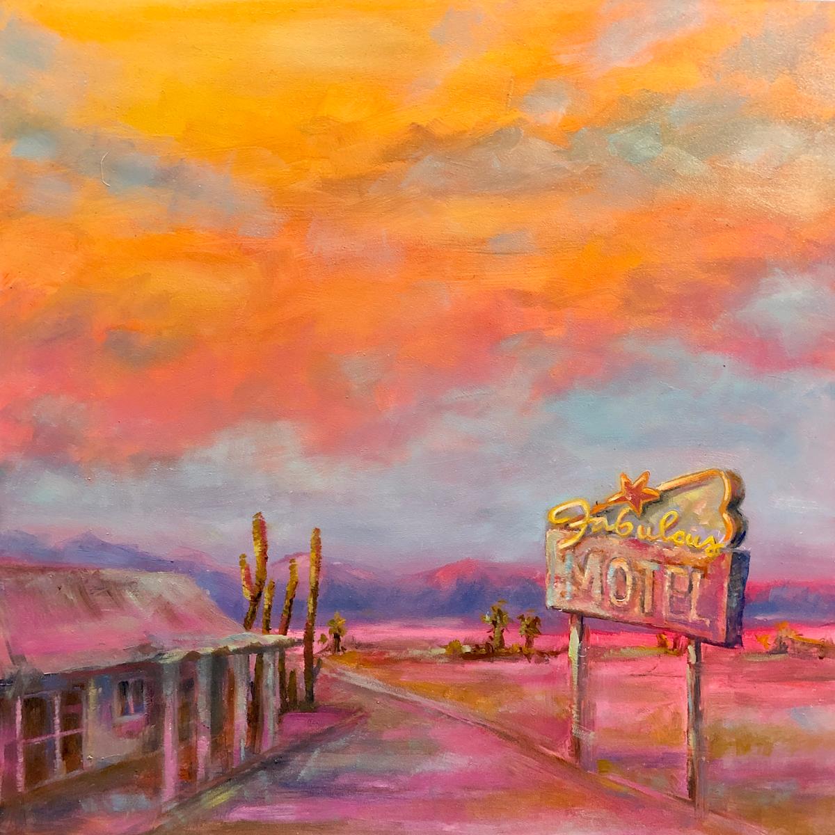 Desert Motel by Sara Nygard Haetonen  Image: A deserted motel in an imaginary desert landscape. Oil on 10x10 in. panel. Unframed
