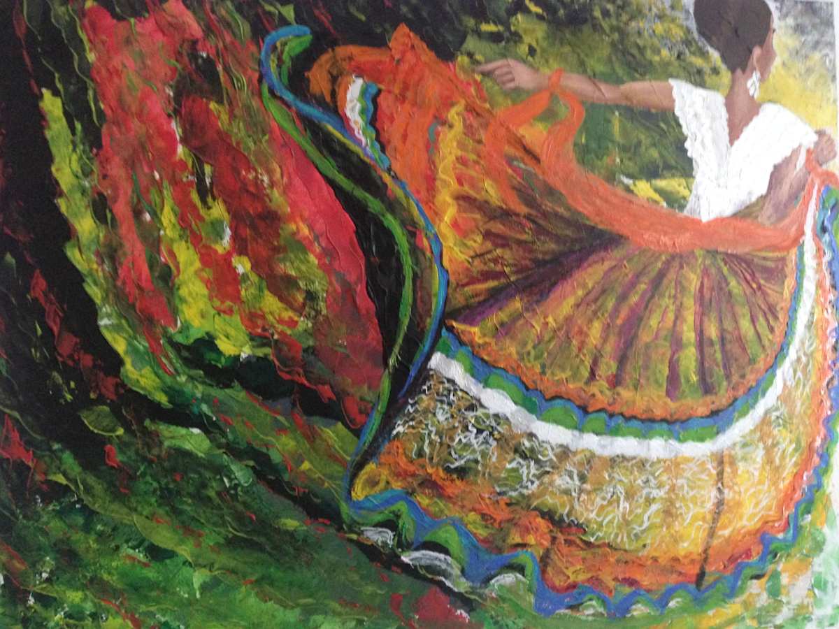 Bailarina Mexicana by Erika Alfiero  Image: 
"Bailarina Mexicana" unfolds as a visual ode to the joy and tradition of Mexico, captured in the heart of Budapest. The dancer, adorned in a swirling skirt of vibrant hues, conjures the exuberance of Mexican celebrations. Each stroke and fold of the canvas narrates the vitality of roots and the ever-present music. This artwork transcends mere aesthetics; it is a visual poem inviting one to feel the jubilant essence of Mexico.