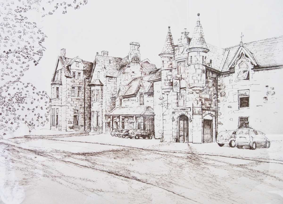 Invercauld Hotel, Scotland,  commission example by Debbie  Farquharson  Image: Example of a beautifully detailed , large A2 drawing made with sepia drawing pens that can be
Commissioned.