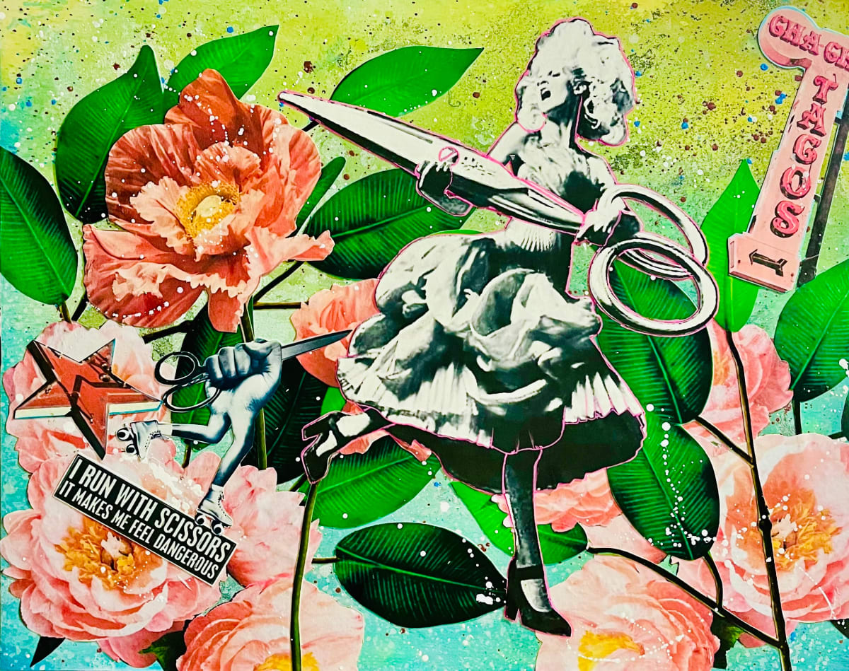 Feeling Dangerous by Cristina Sayers  Image: Feeling Dangerous 
Analog Collage from original found altered images 
by Artist Cristina Sayers
14’’x11’’ on boxed wood canvas, unframed 
Frame unnecessary with painting finished up to edge