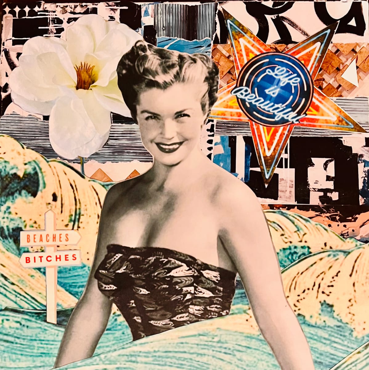 Life is Beautiful by Cristina Sayers  Image: 
Original Collage, images from recycled magazine material, found reimagined images, analog collage artwork by 
Artist Cristina Sayers; 
8”x8” for n cotton flat canvas, matted Unframed, 2023.