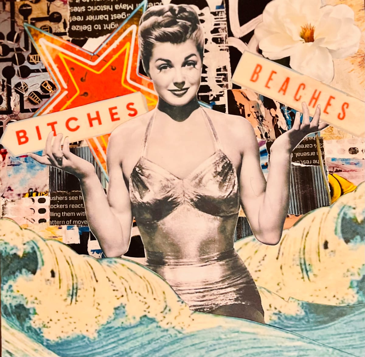 Thanks Esther by Cristina Sayers  Image: 
Original Collage, images from recycled magazine material, found reimagined images, analog collage artwork by 
Artist Cristina Sayers; 
8”x8” for n cotton flat canvas, matted Unframed, 2023.