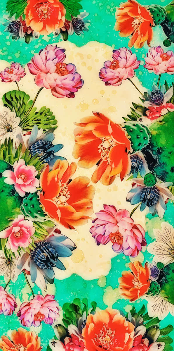 Sticky Garden $650 by Cristina Sayers  Image: Sticky Garden is the 2nd painting in the Blooming Spring Garden Series of 3 analog collage. 12’’x24’’ in white floating frame, $650