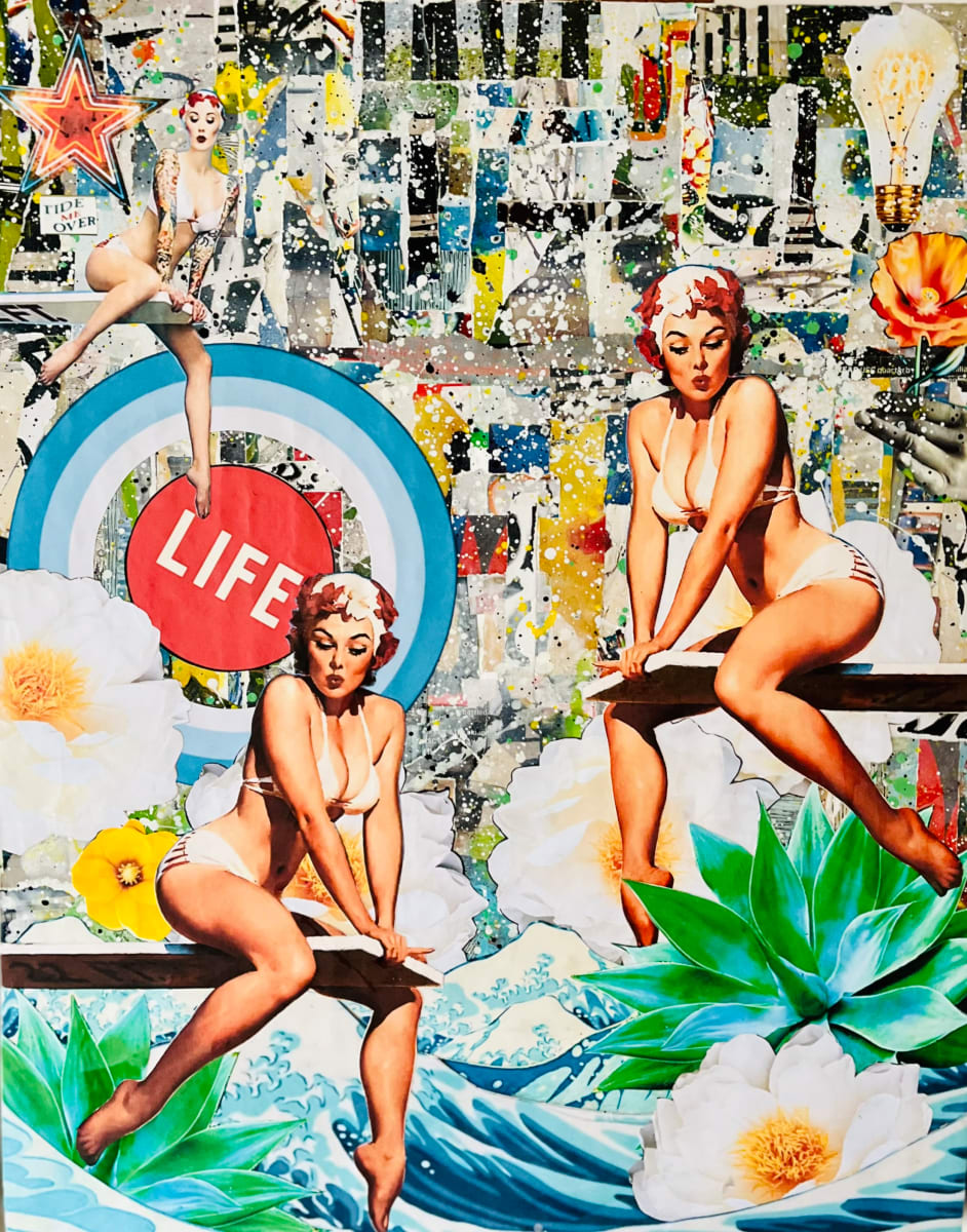 Pop Life by Cristina Sayers  Image: Original Collage, images from recycled magazine material, found reimagined images, analog collage artwork by 
Artist Cristina Sayers; 
16’’x20’’, on boxed wood canvas matted Unframed, 2024