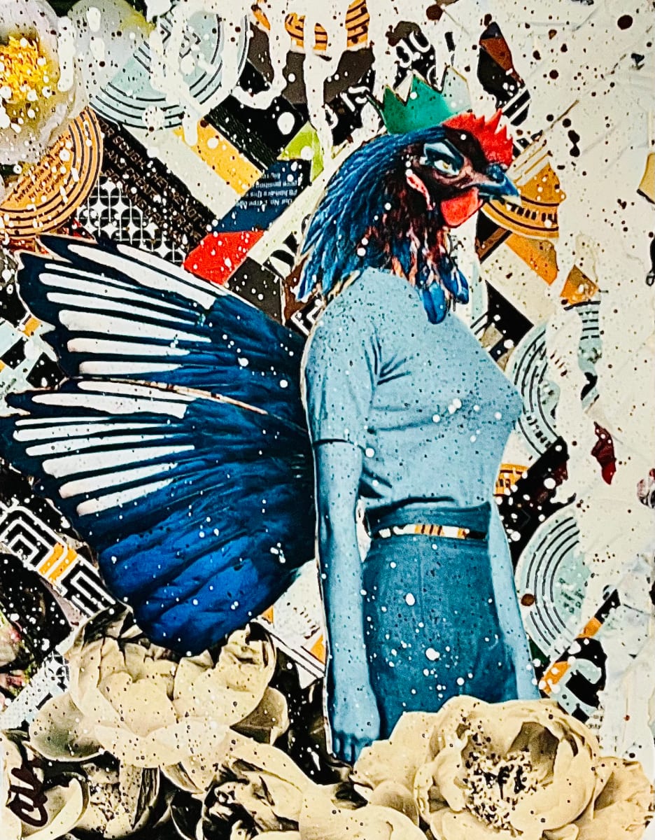 Royal Bird Portrait I by Cristina Sayers  Image: 11x14 -Original Collage, images from recycled magazine material, found reimagined images, analog collage artwork by on flat wood canvas Unframed, 2024. Artist Cristina Sayers