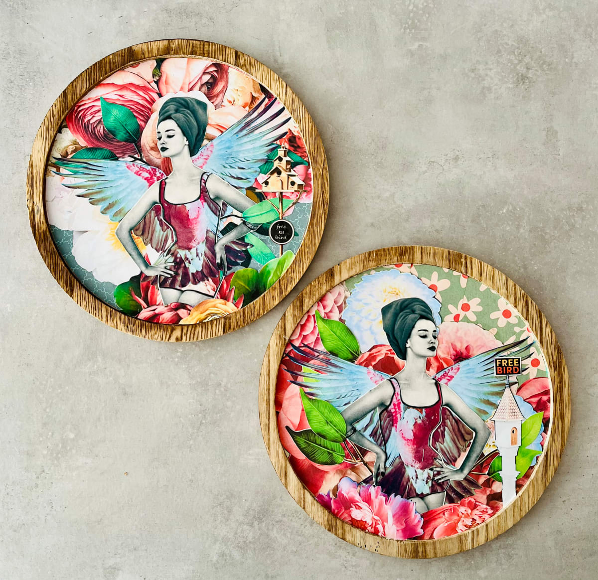 Collection at Calicoastal by Cristina Sayers  Image: Found Images, Analog Collages
 4 -10’’x10’’rounds, Lady Bird I & II, Be Helpful, and Flamingos, also 12’’x12’’ Beware of Mermaid, Squid Row, And Night Flamingo.