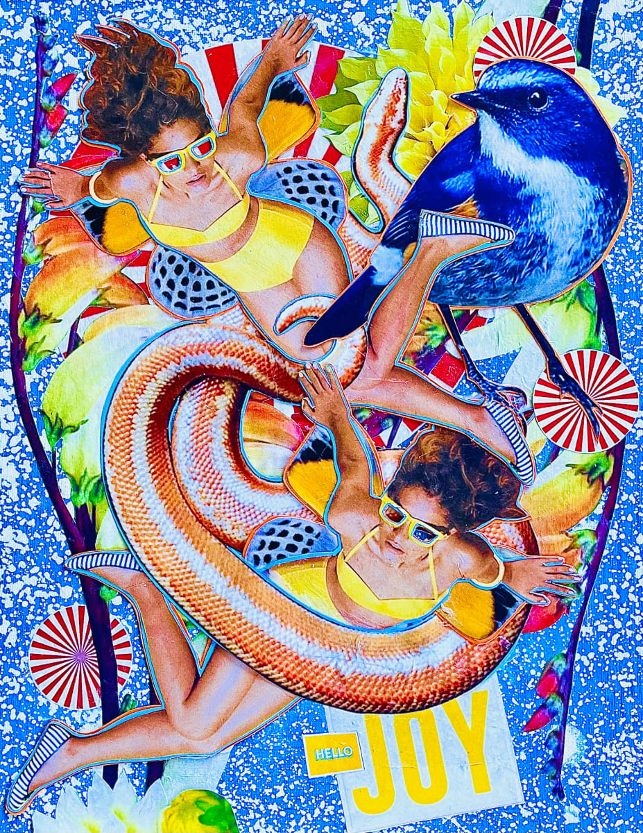Hello Joy by Cristina Sayers  Image: Original found altered images analog collage artwork by 
Artist Cristina Sayers; 
11’’x14’’, on flat cotton canvas board, Unframed, 2023.