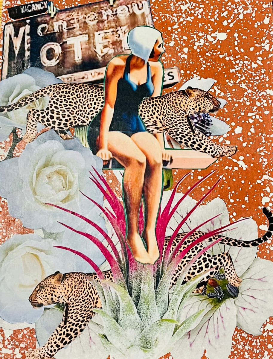 Monterey Motel by Cristina Sayers  Image: Original found altered images analog collage artwork by 
Artist Cristina Sayers; 
11’’x14’’, on flat cotton canvas board, Unframed, 2023.